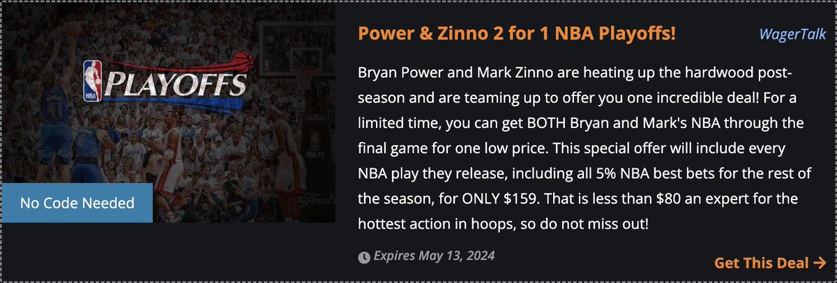 P.S. Combined, @MarkZinno and I are a PERFECT 9-0 the L4 days in the #NBAPlayoffs! Pretty good! We've teamed up for the following special offer: wagertalk.com/news/deals/