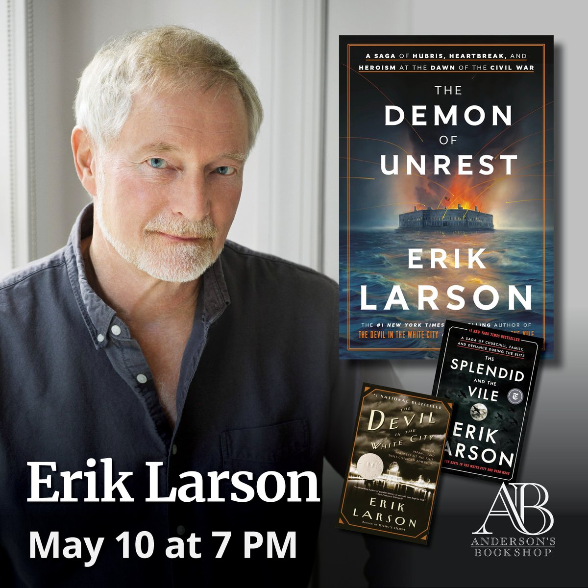 FRIDAY MAY 10th: We excitedly welcome back Erik Larson @exlarson with his latest! Erik will present and take Q&A. Books will be pre-signed. Don't miss this - he is a FASCINATING presenter! TICKETS: ErikLarsonAndersons.eventcombo.com
