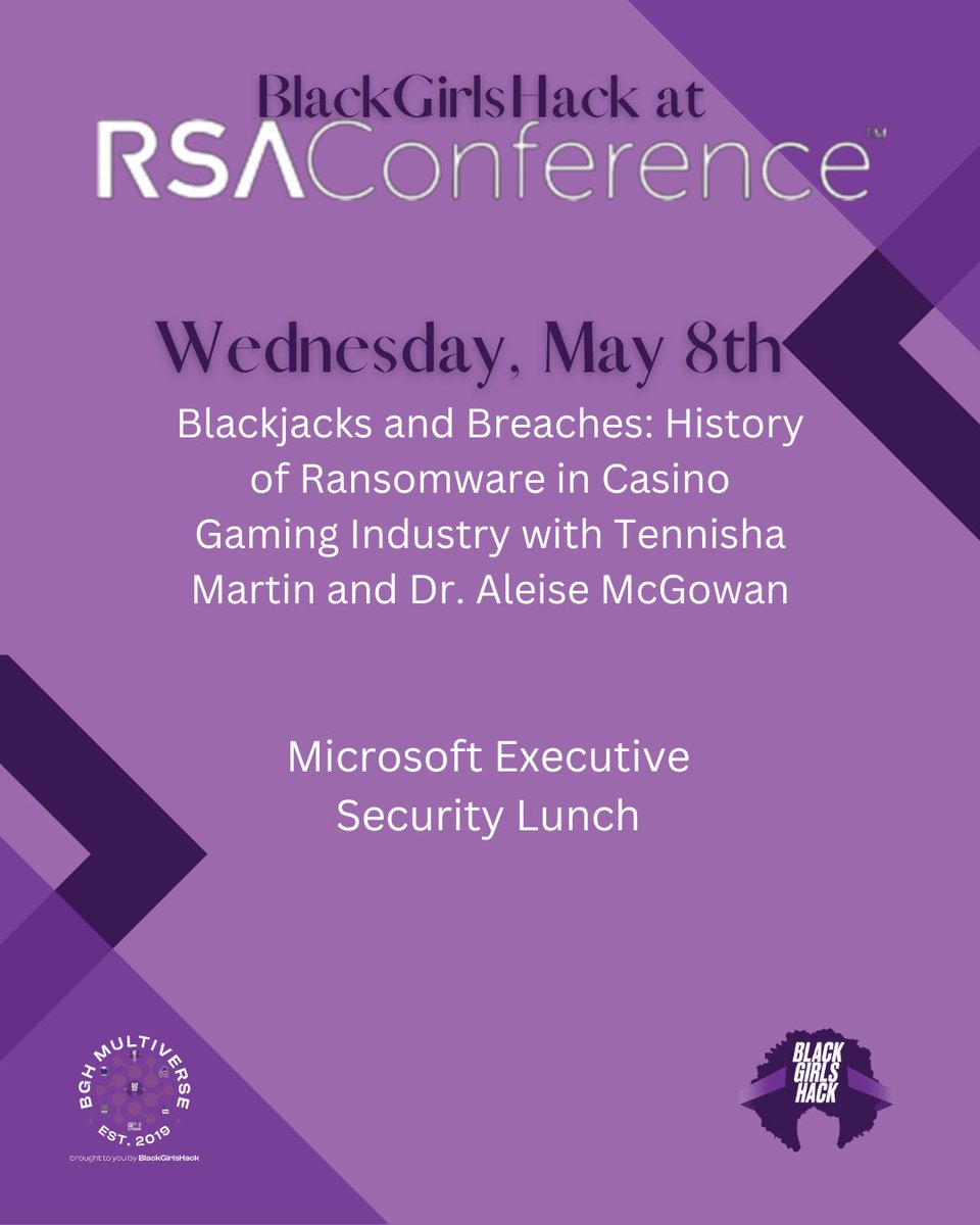 RSA starts today! Here's where you can find BlackGirlsHack during the conference. We are very excited to see you all there! #BlackGirlsHack #RSAConference #DiversityInTech #BlackInTech #BlackIncyber #Blacktechtwitter #worldomination #BghMultiverse #cybersecurity #infosec