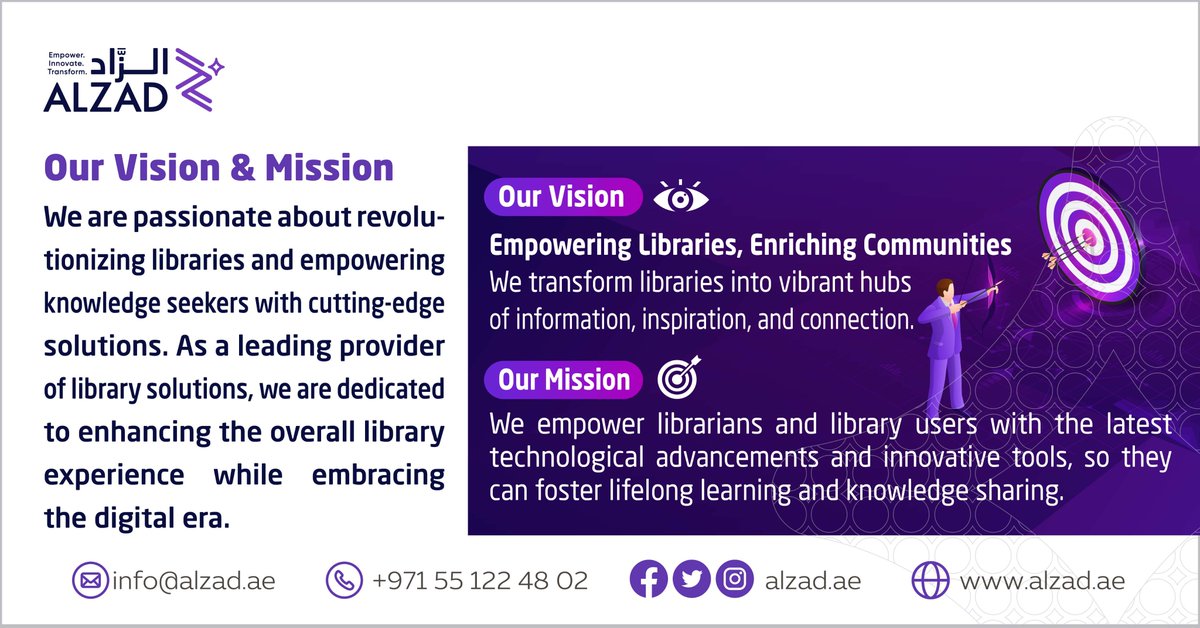 ALZAD: Our Vision & Mission. For more Details:Info@alzad.ae #alzad #library #digitalarchive #librarytechnology #abudhabilibrary #dubailibrary #sharjahlibrary #مكتبةدبي #مكتبةالشارقة #مكتبةابوظبي #solutions #ourvision #ourmission