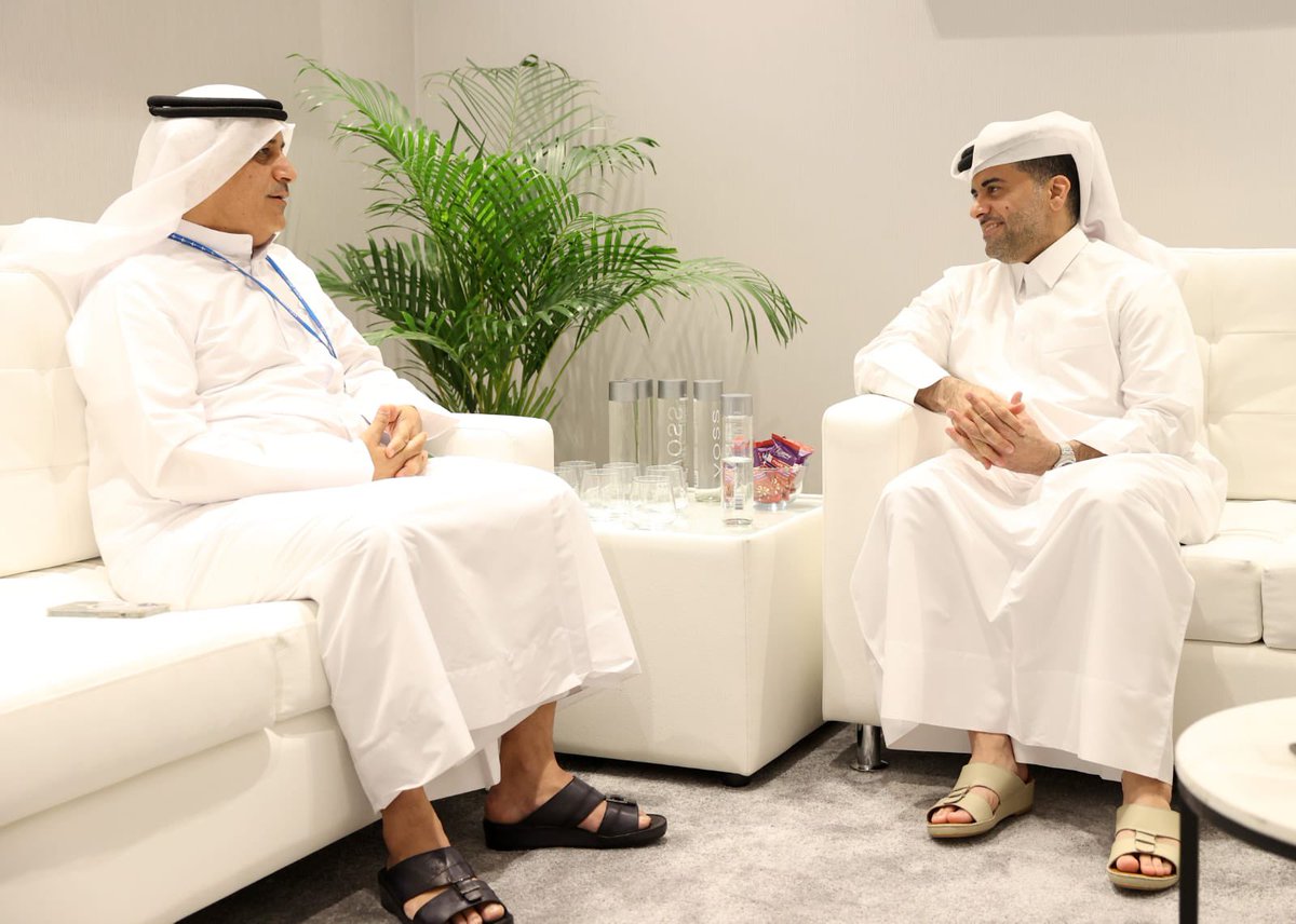 Qatar Airways Group Chief Executive Officer, Engr. Badr Mohammed Al-Meer, joined by the Chief Executive Officer of @flydubai, Ghaith Al Ghaith, on the opening day of @ATMDubai 2024.