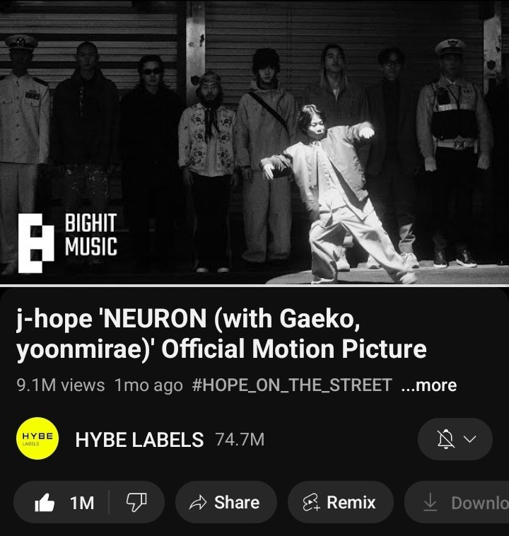 Don't forget to stream j-hope 'NEURON (with Gaeko, yoonmirae)' Official Motion Picture on YouTube!
:youtu.be/z4Rg_VgOlJU?si…

#jhope_NEURON #HOPE_ON_THE_STREET