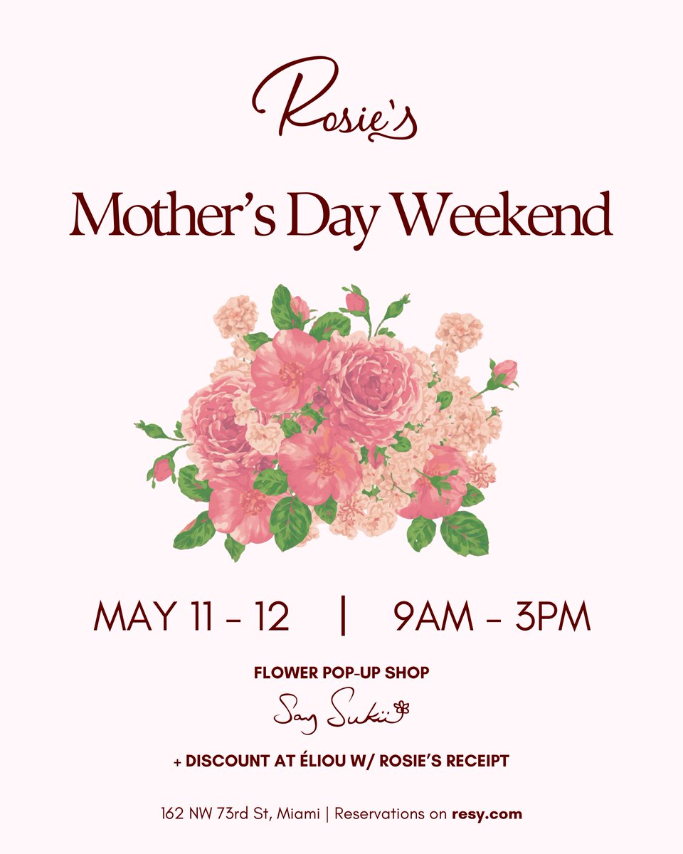 Mother’s Day weekend at Rosie's in Little River. Brunch 9am-3pm, flower pop-up by Say Sukii (pre-order: saysukii.com/mom2024) and special discount at our neighbors éliou jewelry.

This is our last day of service. Come celebrate and save mama a seat on resy.com!