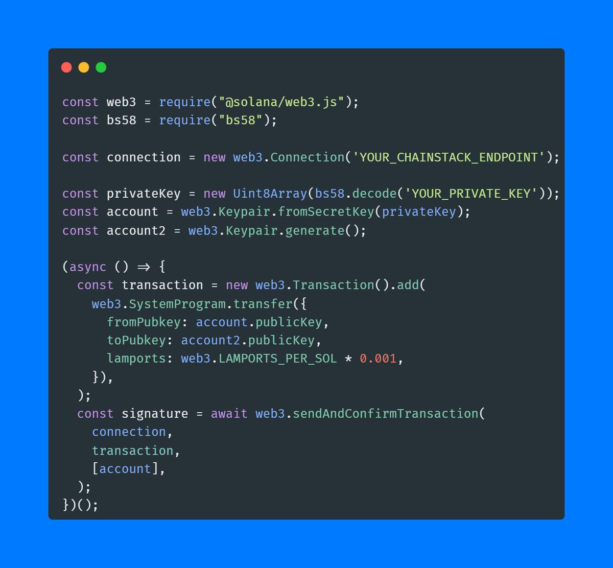 Learn how to send Solana transactions programmatically with Web3JS and a Chainstack node in this recipe. Perfect for rookie Web3 developers aiming to build or expand their Solana DApps 💙🛠️ Start your #Solana #BUIDL with Chainstack ⤵️ docs.chainstack.com/recipes/send-s…