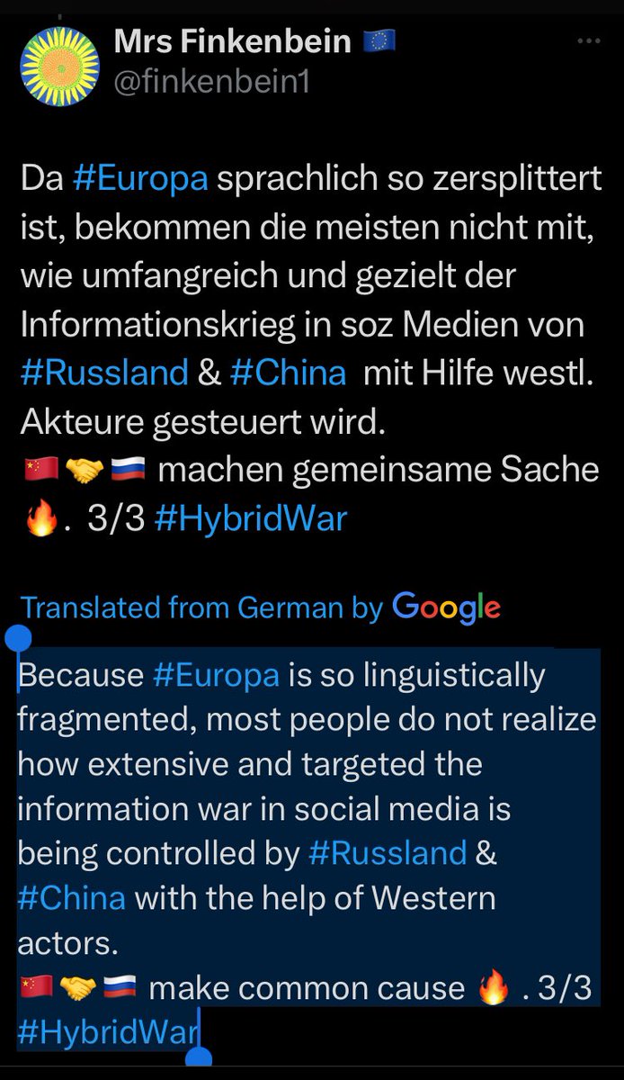Because #Europe is so linguistically fragmented, most people do not realize how extensive and targeted the information war in social media is being controlled by #Russia and #China with the help of Western actors.

🇨🇳🤝🇷🇺 make common cause 🔥 3/3 #HybridWar 

TY! @finkenbein1 🌞