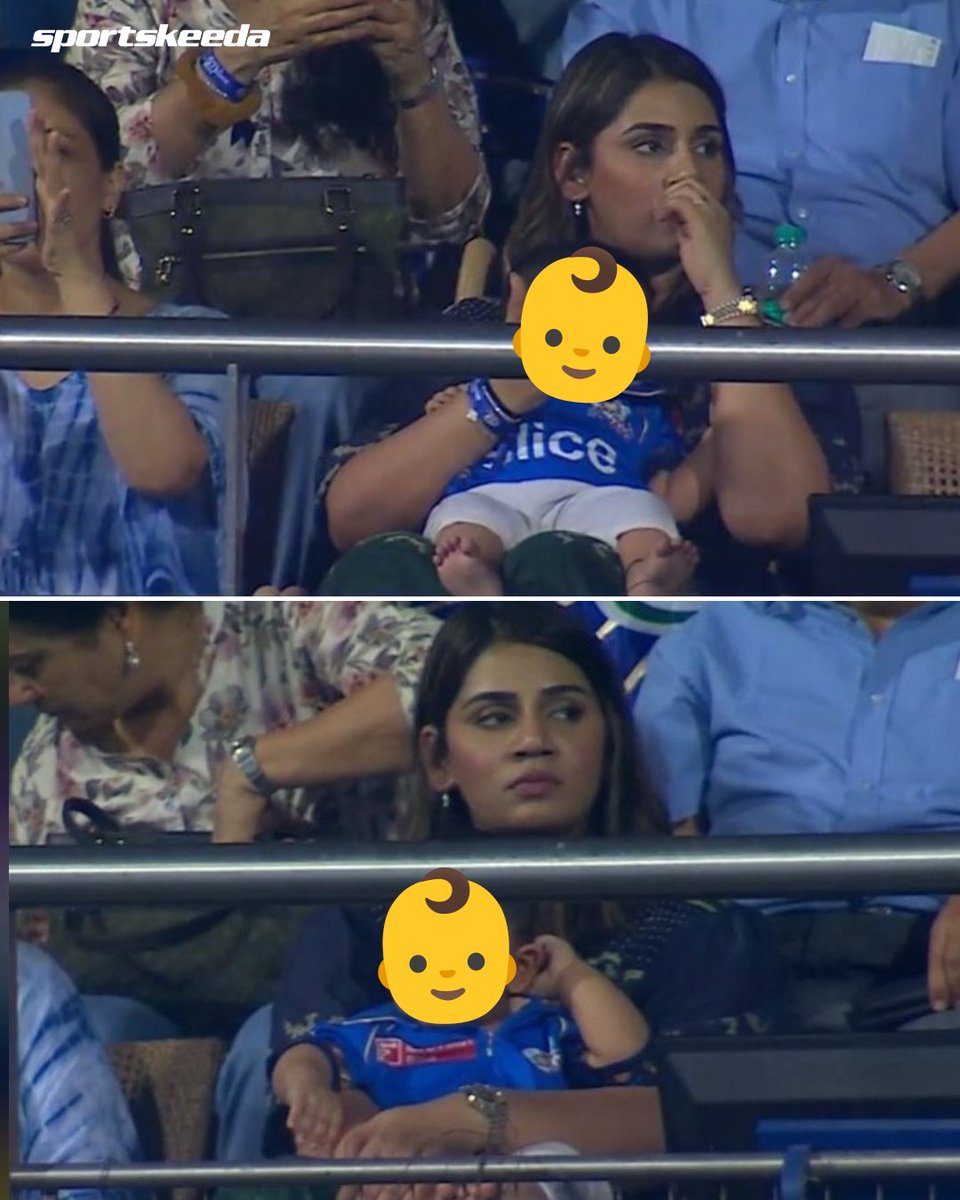 Birthday girl Sanjana Ganeshan is in the stands with baby Angad to support Jasprit Bumrah and the Mumbai Indians 👶💙 📸: Jio Cinema #IPL2024 #MIvSRH #CricketTwitter