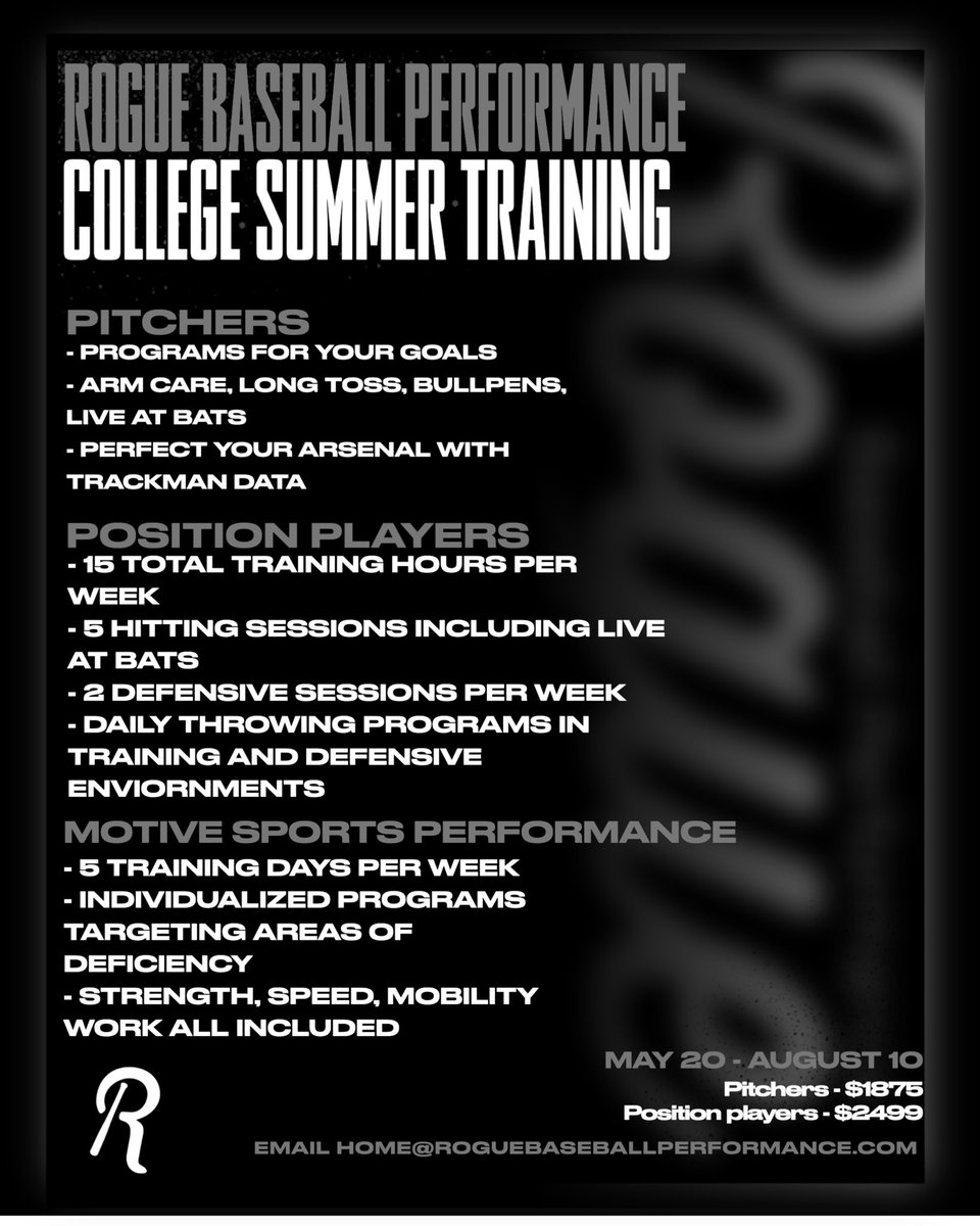 Rogue Baseball Performance (@rogue_baseball) on Twitter photo 🚨COLLEGE PLAYERS🚨
Come train with us and <a href="/Motive_SP_CO/">Motive Sports Performance</a> this summer and capitalize on this valuable time for skill and strength development.
⚠️Spots are limited and filling up fast ⚠️
Email home@roguebaseballperformance.com with interest 🚨COLLEGE PLAYERS🚨
Come train with us and <a href="/Motive_SP_CO/">Motive Sports Performance</a> this summer and capitalize on this valuable time for skill and strength development.
⚠️Spots are limited and filling up fast ⚠️
Email home@roguebaseballperformance.com with interest