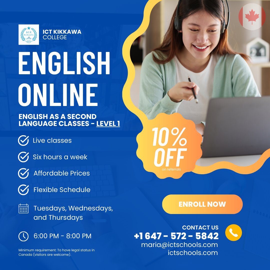 🚀 Ready to level up your English skills? 📚 Join ICT Kikkawa College's dynamic Level 1 ESL classes! 💡 Live sessions, flexible schedules, and affordable prices await. Secure your spot today! 💬🌐 #ICTKikkawaCollege #ESLClasses #OnlineLearning #EnglishLanguage #FlexibleSchedule