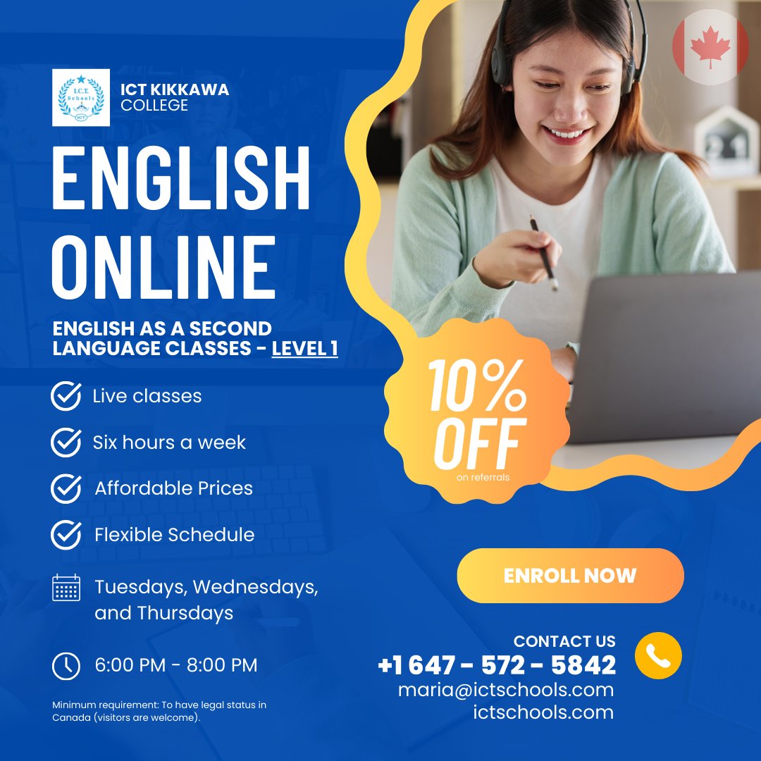 KikkawaCollege's tweet image. 🚀 Ready to level up your English skills? 📚 Join ICT Kikkawa College's dynamic Level 1 ESL classes! 💡 Live sessions, flexible schedules, and affordable prices await. Secure your spot today! 💬🌐 #ICTKikkawaCollege #ESLClasses #OnlineLearning #EnglishLanguage #FlexibleSchedule