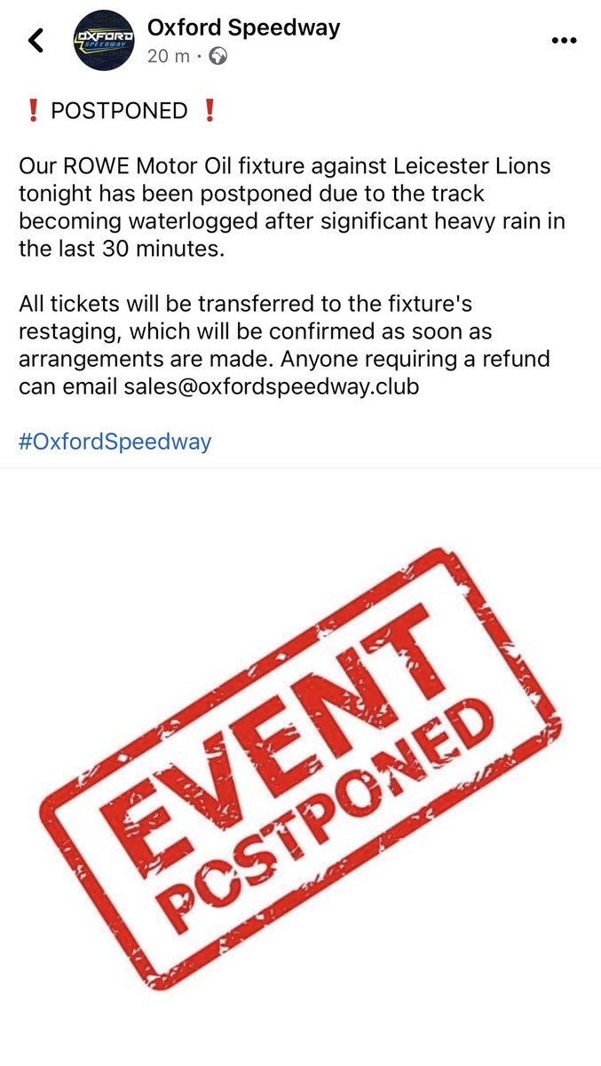 ⚠️‼️ Supporters should note that tonight’s scheduled fixture at Oxford Speedway is now 𝙊𝙁𝙁. A new date will be announced in due course.