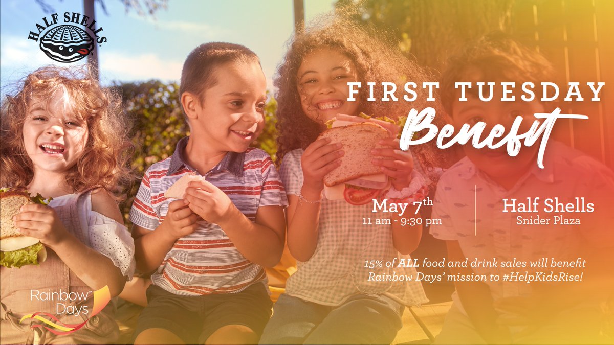 🦀 We are so thrilled about our First Tuesday Benefit tomorrow at @HalfShells at Snider Plaza! Stop by the restaurant anytime from 11 a.m. to 9:30 p.m. and 15% of all food and beverage purchases will directly benefit Rainbow Days' mission to #HelpKidsRise.