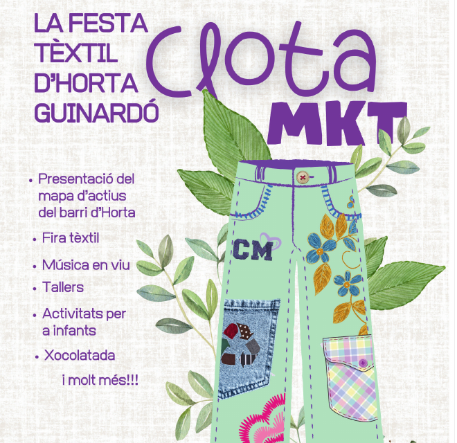 📢 Arriba la 3a edició de #LaClotaMarket, la fira del tèxtil d'#HortaGuinardó on participen projectes emprenedors, interculturals i comunitaris.  
✅ moda sostenible 
✅ comerç de proximitat 
✅ consum conscient

🗓️11 de maig
📍Parc Rieres d'Horta/ Pça Estatut
🕑11- 20 h
 @