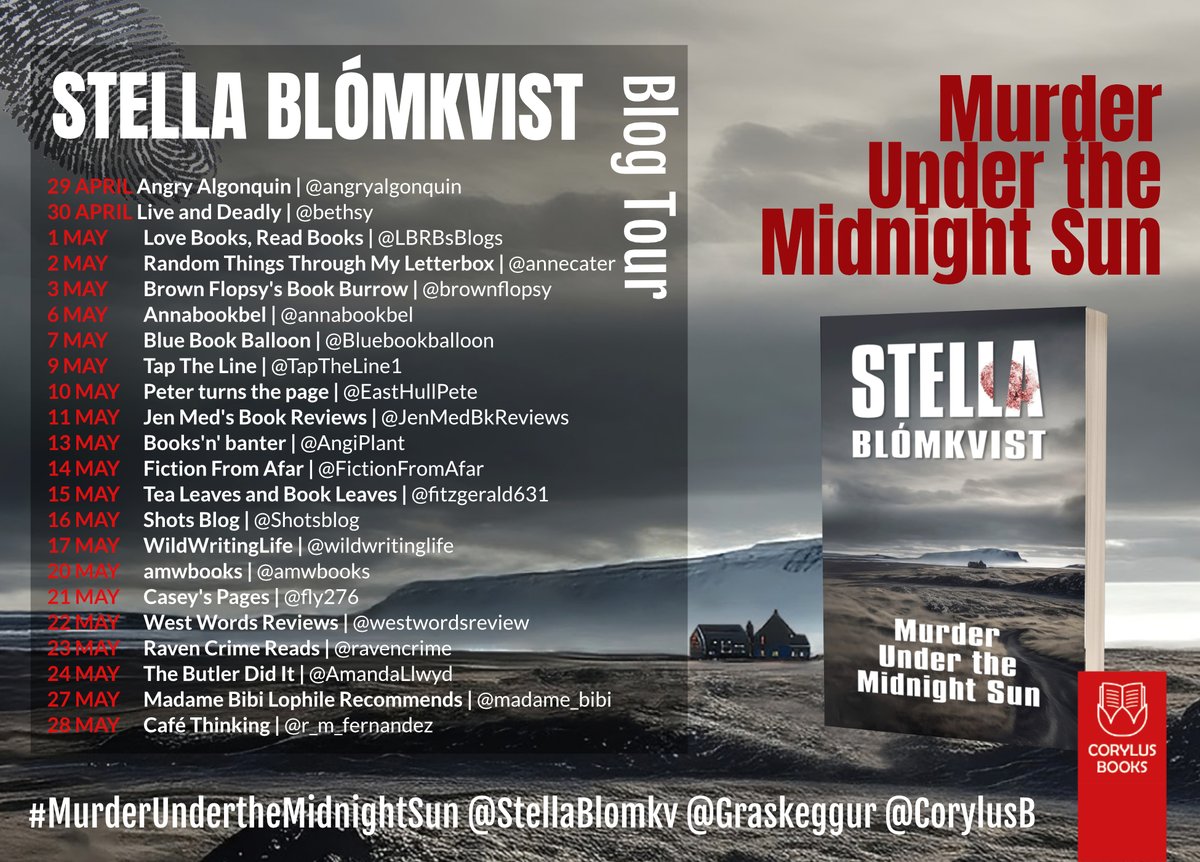 Back after a brief blog pause and today I'm joining the #BlogTour for the excellent #MurderUnderTheMidnightSun by @StellaBlomkv, trans by @graskeggur and just out from @CorylusB. #crime #Iceland. My #review bluebookballoon.blogspot.com/2024/05/blogto…