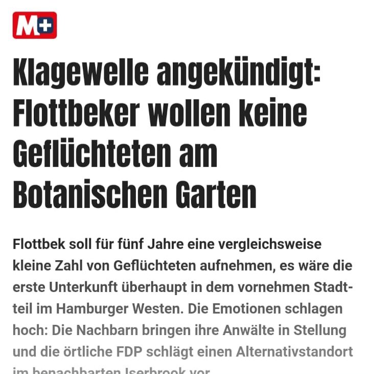 Bei der letzten Wahl haben im #Hamburg|er Stadtteil #Flottbek 74% der Bürger SPD und Grüne gewählt. Mit den Linken sind es gar 80%. Aber wenn es um #Flüchtlinge geht... tja, da wollen sie keine aufnehmen.

#Doppelmoral