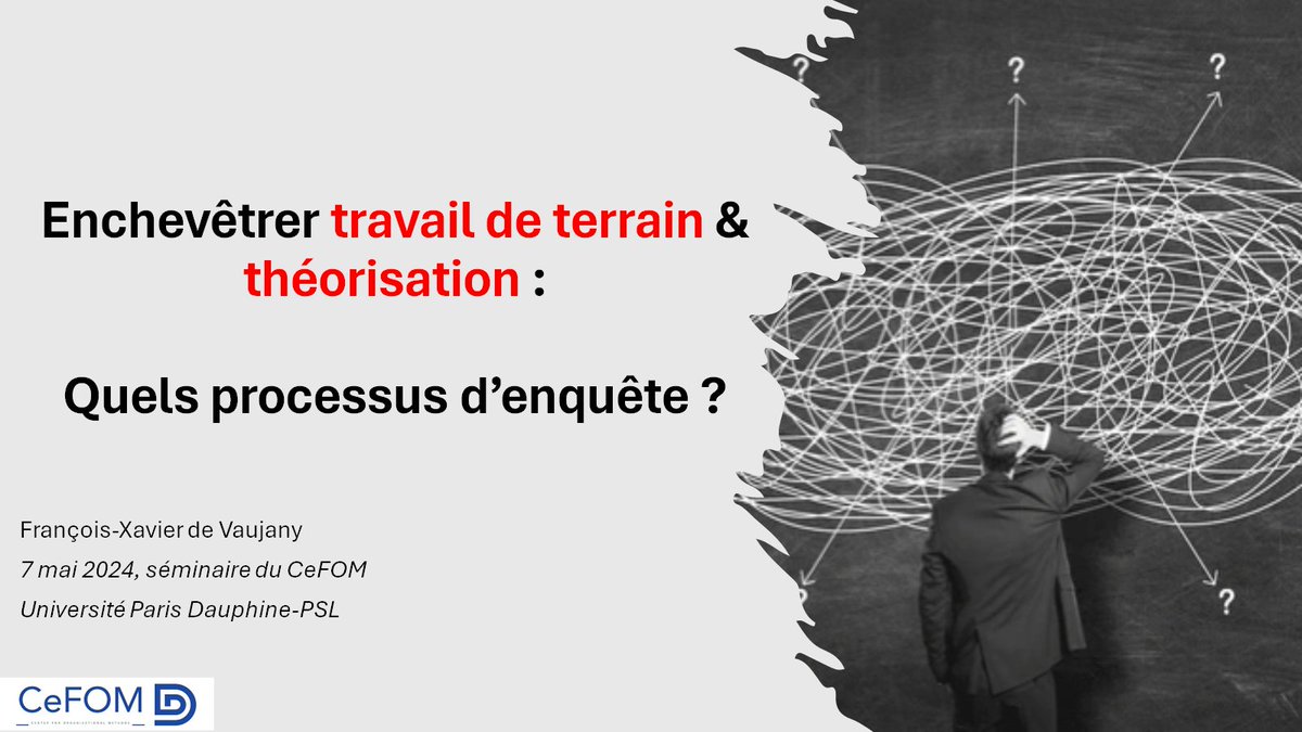 💡Ne manquez pas le séminaire du CeFOM ayant lieu demain à 14h, espace one @Paris_Dauphine. Nous allons revenir sur un thème central de toute recherche en organisation : l'enchevêtrement entre travail de terrain et théorisation #CeFOM