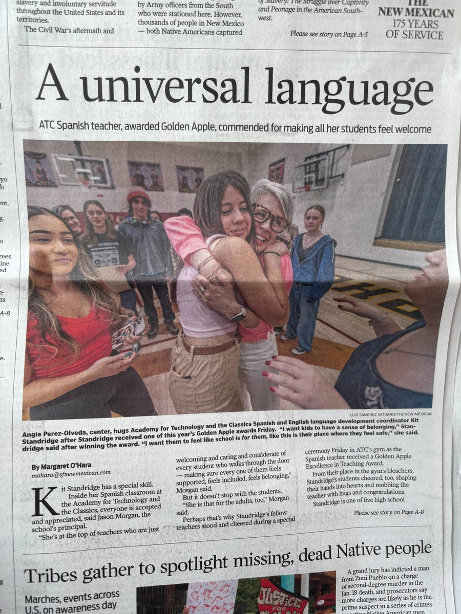 I've witnessed few things as powerful and moving as how well my wife loves and serves the children of Santa Fe as a public school teacher. She is a real light, and it's  a joy to see her honored with this special award (which landed her on the front page!).