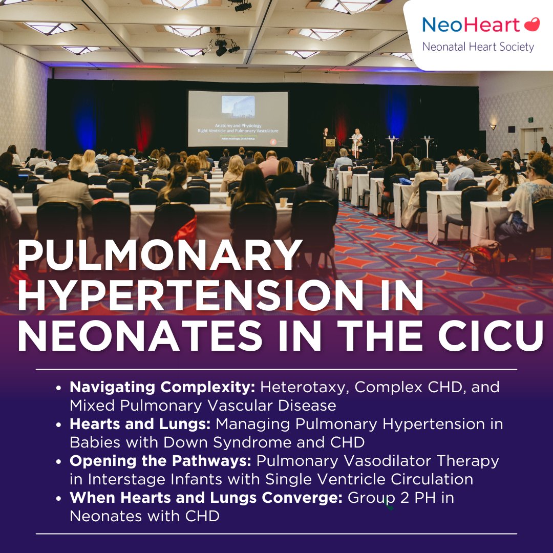 Session Highlight: #neoheart2024 
💡#pulmonary #hypertension in the #cicu

web.cvent.com/event/fe874ad0……… 

Register Today!   #neotwitter #medtwitter #MedEd #chd #preterm #neonates #pulmonaryhypertension #singleventricle #heterotaxy #vasculardisease #neoheart #pda