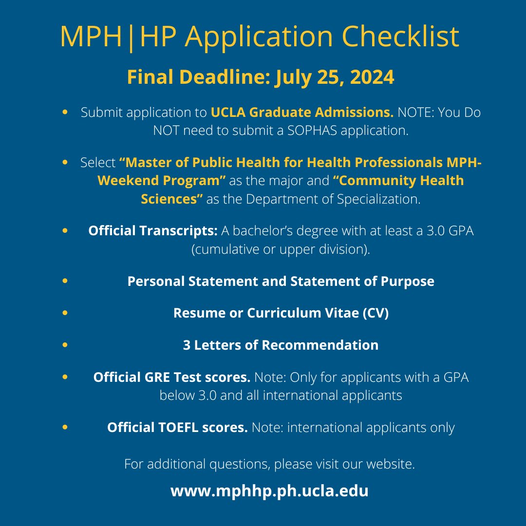 It's not too late, Apply Today! The MPH|HP Final deadline is July 25, 2024.

We invite prospective students to apply for the Fall 2024 cohort. Sign up for our next Informational Q&A Session Monday, May 20; 5:00 PM. #mph #mphhp #ucla  #publichealth #executiveprograms  #uclafsph