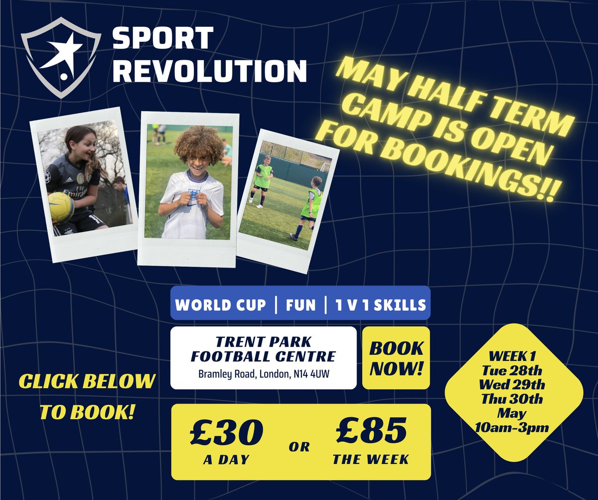 ⚽ Exciting May Half Term Football Camp! Secure Your Spot Today! ⚽
Calling all young footballers! Gear up for an action-packed Football Camp!
📆 Dates: Tuesday, May 28th - Thursday, May 30th
📍 Location: Trent Park Football Centre
🚨 Limited Spots Available!
 #FootballCamp