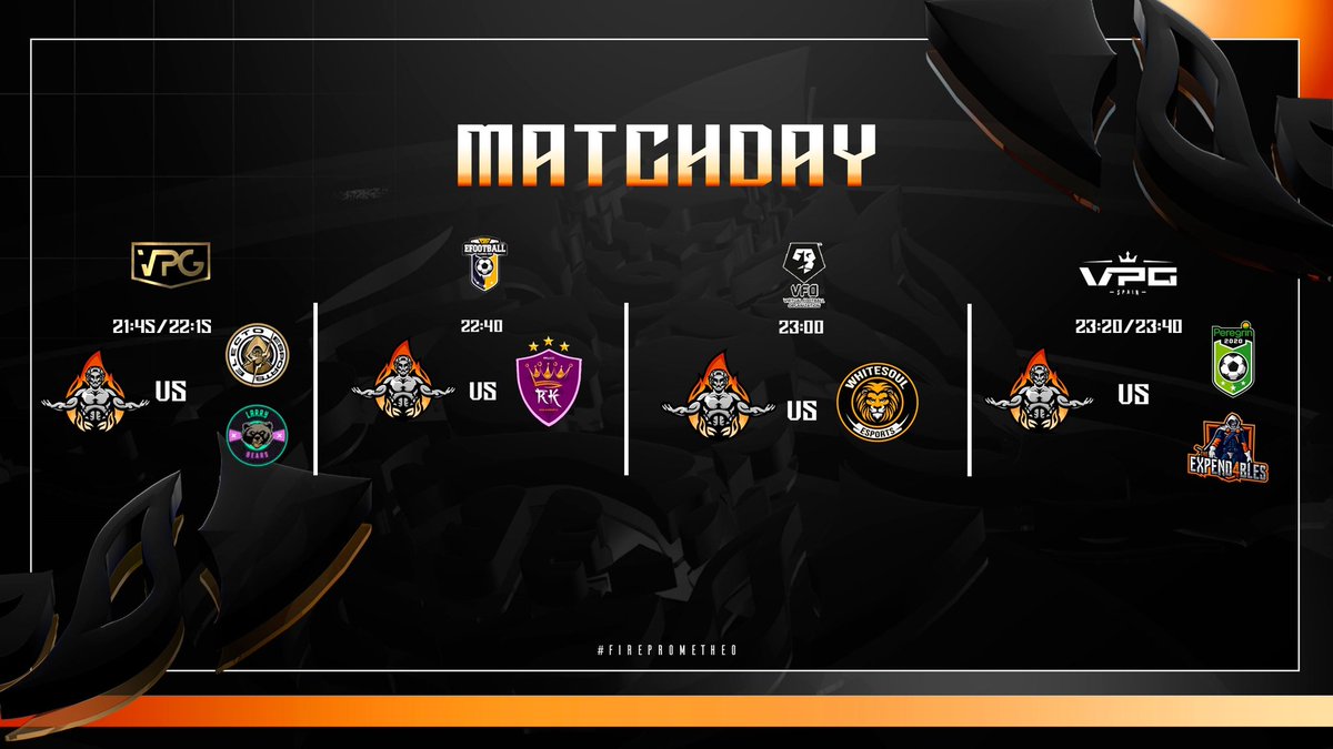 #MatchDay 🔥 Rivales de nuestra sección de #EAFC24 📆 06/05/2024 🏆 @VPGPremier 🆚 @ElectoEsports Y @LarryBearsFC 🕤 21:45/22:15 🏆 @PLGeFootBall 🆚 @RoyalKieSports 🕤22:40 🏆 @VFOspain 🆚 @WhiteSouleSport 🕤 23:00 🏆 @VPG_Spain 🆚 @PRGRN_eSports y @TH4_Spain 🕤 23:20/2340