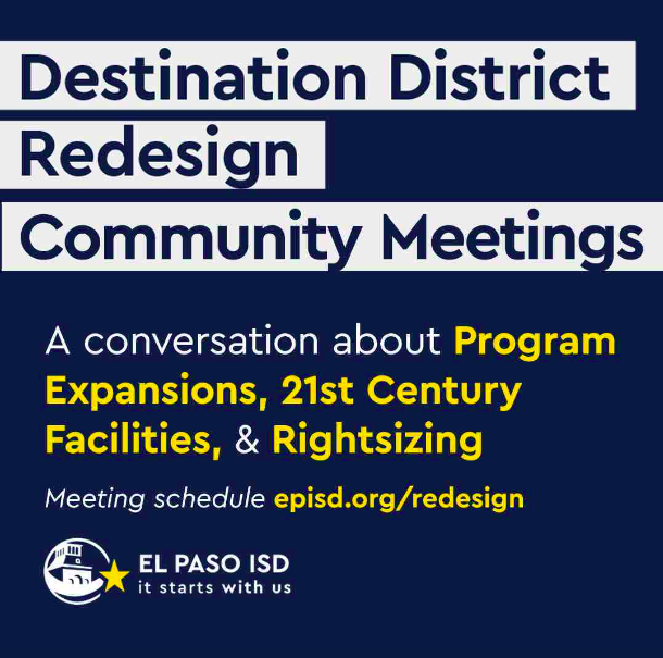 Join us! Thursday, May 16 Andress High School 5400 Sun Valley Dr., 79924 5:30pm As we strive to better EPISD, what conversations should we be having? We want to hear from our students, parents, staff and community stakeholders! Share your thoughts ➡️ bit.ly/episd_ddr