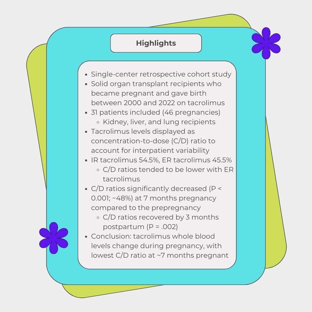 How do pharmacokinetic changes in pregnancy affect tacrolimus concentrations? Check out this retrospective single-center study conducted in The Netherlands on tacrolimus concentrations during pregnancy by Versluis et al!

doi.org/10.1002/jcph.2…

#ManuscriptMonday