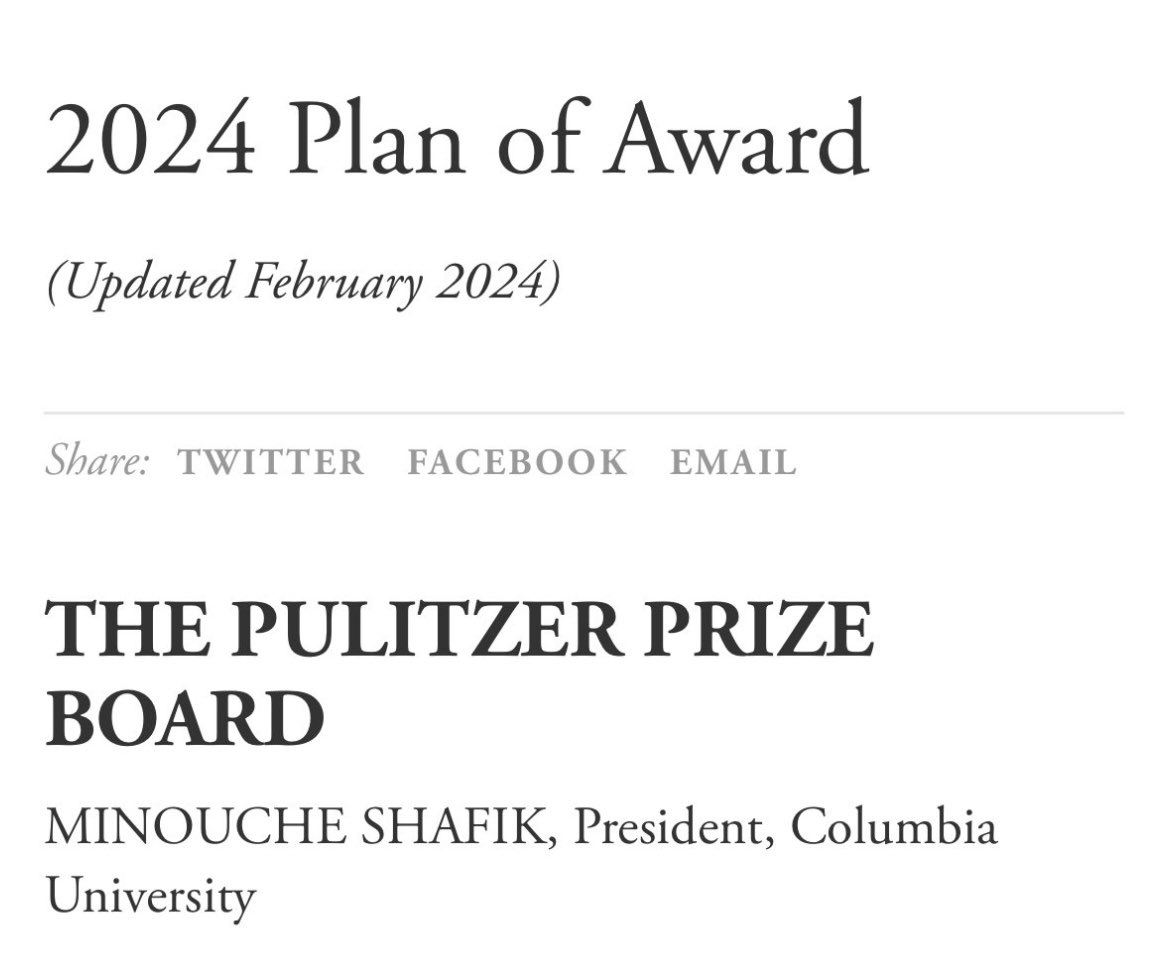 the @PulitzerPrizes being announced on the same day that @Columbia—which administers the Pulitzers—announces the cancellation of its graduation ceremony is crazy the fact that Columbia president Minouche Shafik remains on the Pulitzer Prize board-after EVERYTHING-is even crazier
