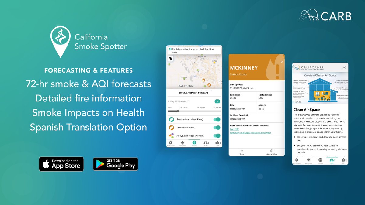 Air Quality Awareness Week is a good time to get #SmokeReadyCA. #AirQuality changes by the minute during #wildfires. Download #CASmokeSpotter to prepare for smoke. App Store: apple.co/2QPlunG Google Play: bit.ly/3bTCMYl #AQAW2024 #WildfirePreparednessWeek