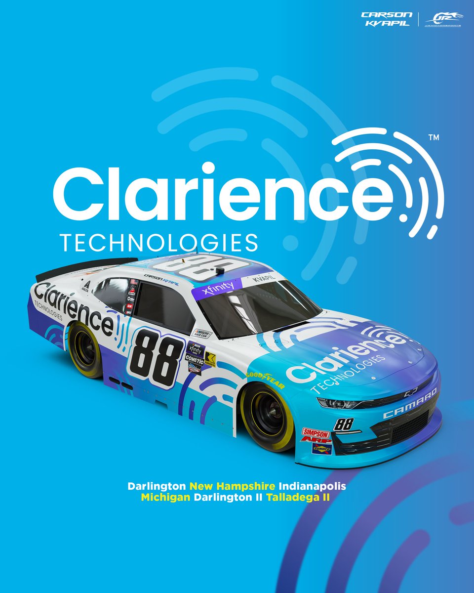 NEWS: He’s back for EVEN more. @Carson_Kvapil returns to the No. 88, with backing from Clarience Technologies for six additional races during the 2024 @NASCAR_Xfinity season.