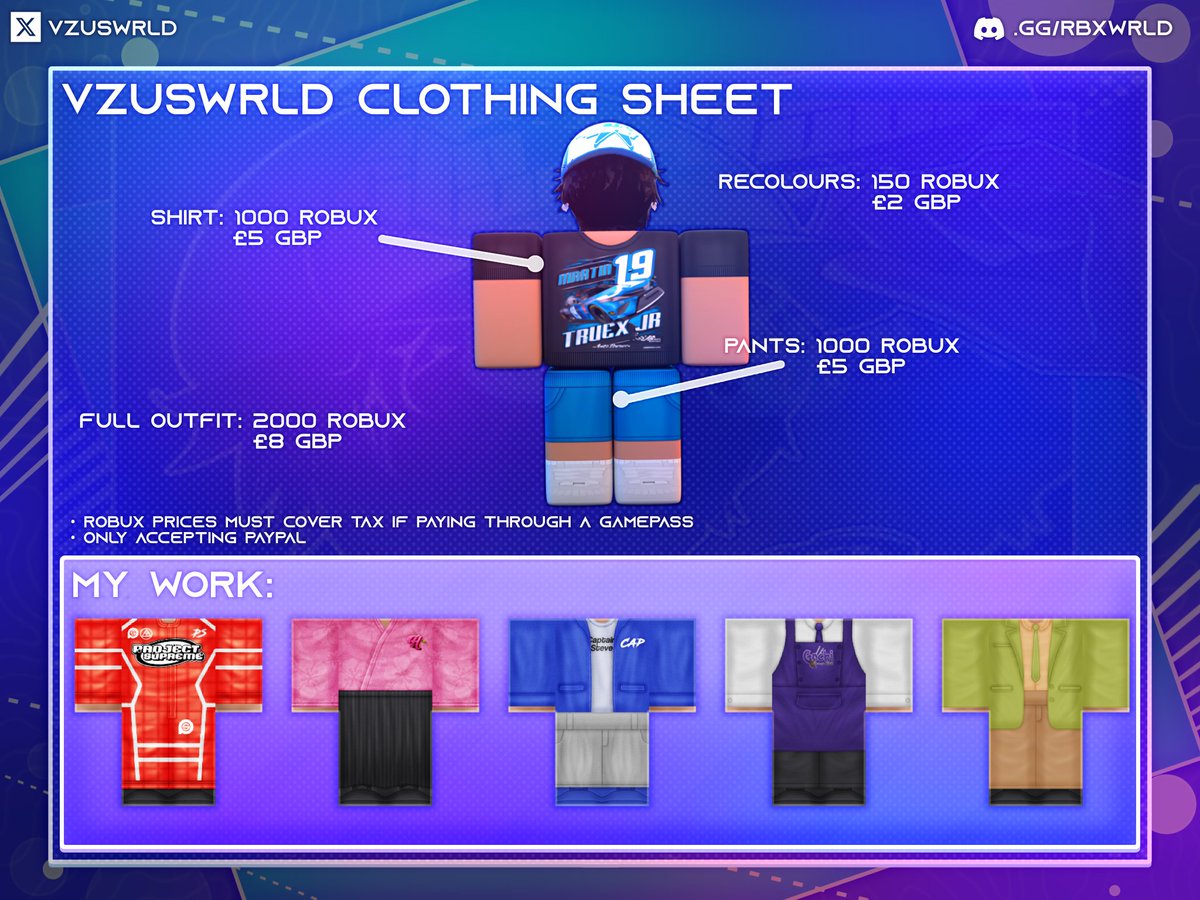 VZUSWRLD CLOTHING SHEET 2024 💫 Join the server to place your order today. Make sure to RT for a chance to win 1,000 robux ❤️