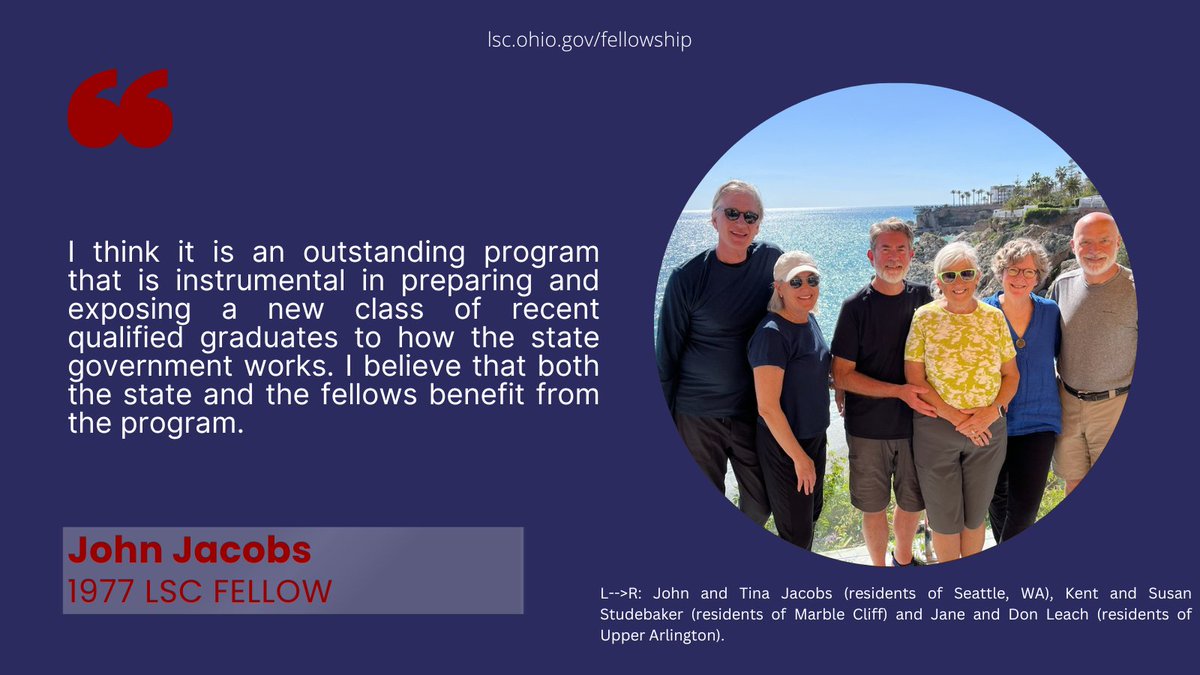 John Jacobs was a 1977 Fellow assigned to the House Democratic Caucus. He graduated from @OhioWesleyan. John is a partner in a private equity firm in Seattle, Washington. Read more: facebook.com/LSCFellowshipP… #lscfellowship #ohio #stategovernment #publicservice #alumnispotlight