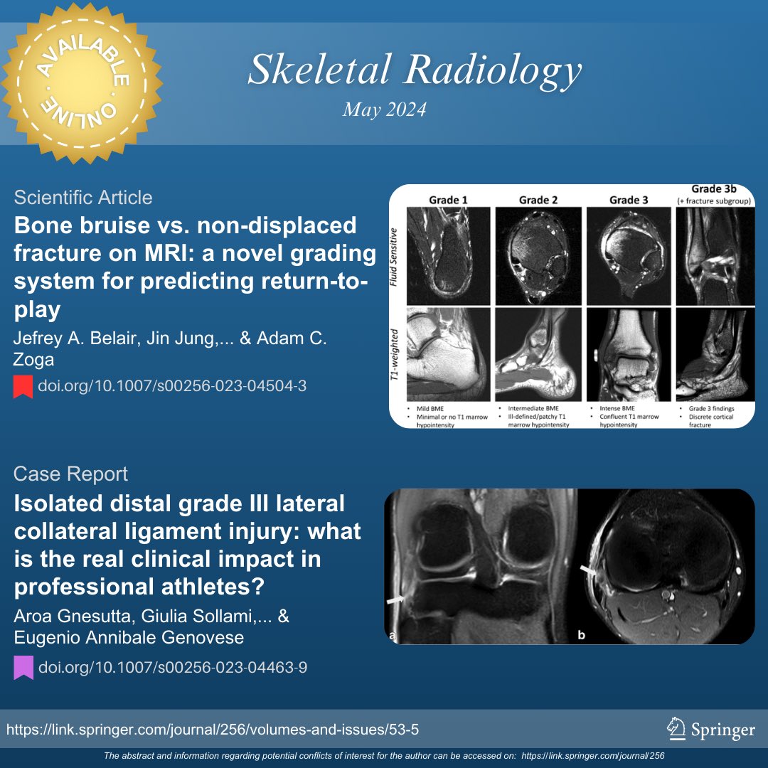 Access the May issue of the Skeletal Radiology Journal

To read the full articles, use the following links:

🔴 rdcu.be/dD7Om

🟣 rdcu.be/dE84A

#SkeletalRadiology #SkeletalJournal #SKRAJournal #MSKrad #sportsmedicine