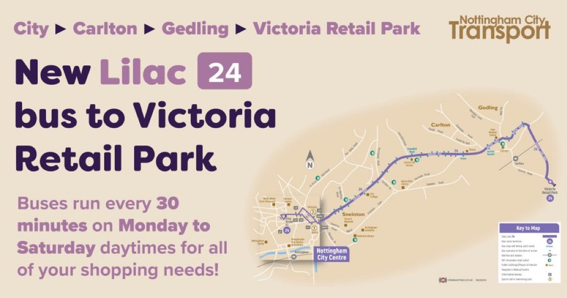 Head to Victoria Retail Park from Carlton and Gedling on Lilac 24! 🚌💜 Buses run every 30 mins Mon-Sat daytimes along Carlton Road, Carlton Hill, through Carlton Square and along Burton Road. View times on NCTX Buses app and our website: nctx.co.uk/services