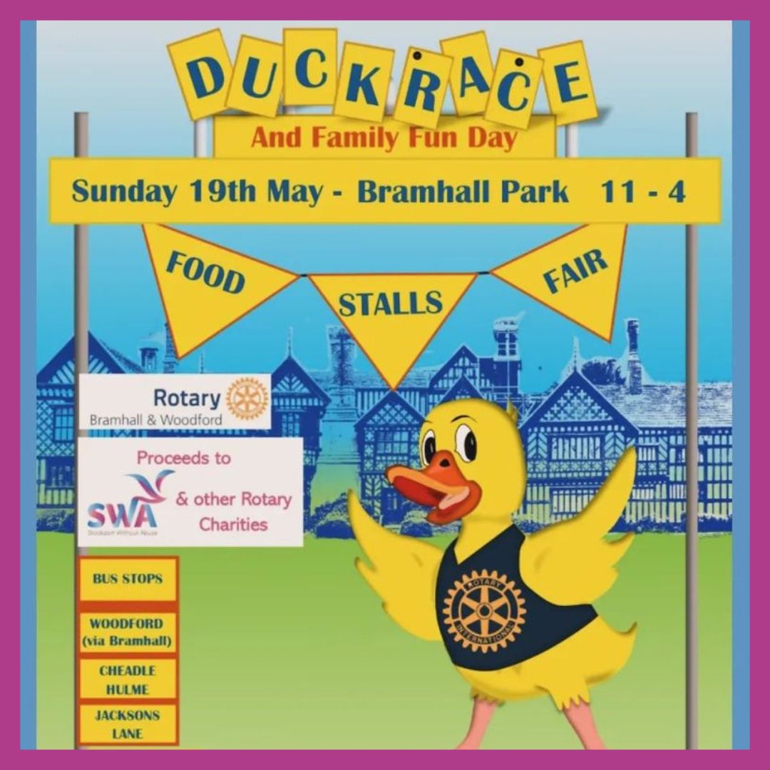 🦆 BRAMHALL DUCK RACE 🦆

We're pleased to announce that our lovely supporters at @MCRTardis will be returning to The Bramhall Duck Race on Sun 19th May! Offering something for everyone including a funfair, food and live music 🎢 🌭 🎸

#bramhall #stockport #woodford #duckrace