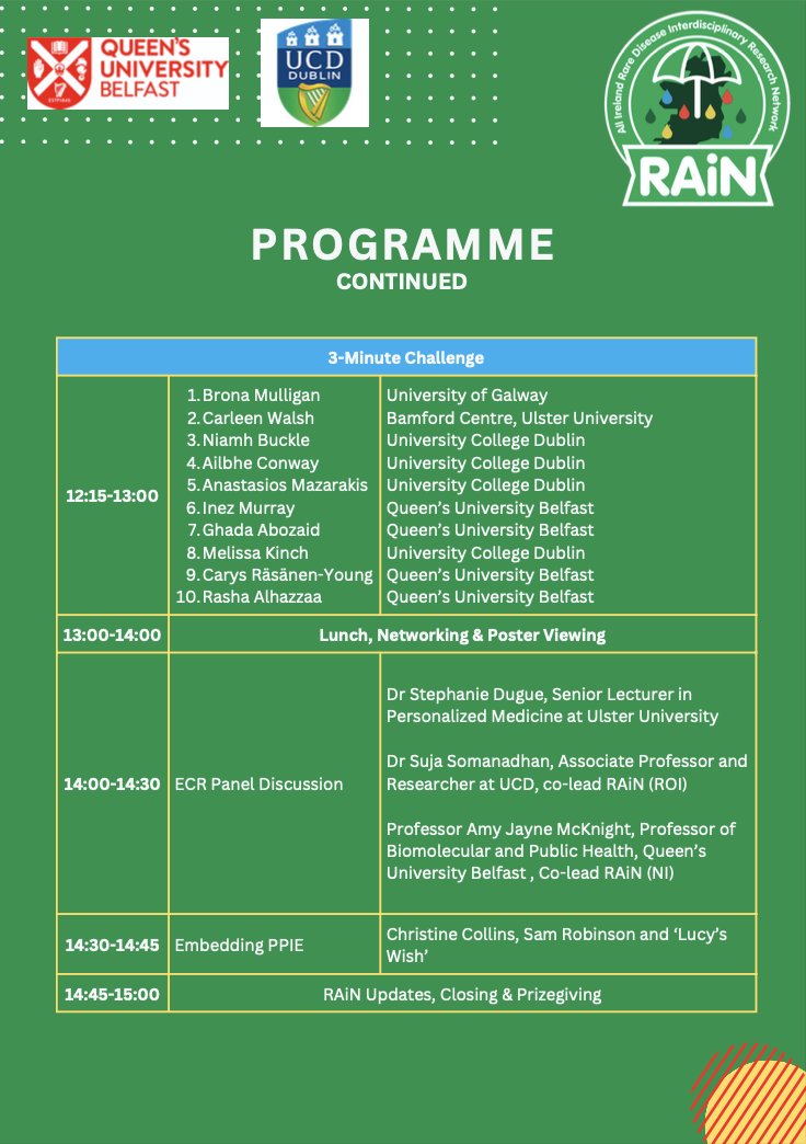 Are you attending the RAiN Early Career Researcher Forum on the 10th May @QUBelfast? We have an amazing day planned, full of the next generation of #RareDisease experts. Check out the agenda below 👇💫