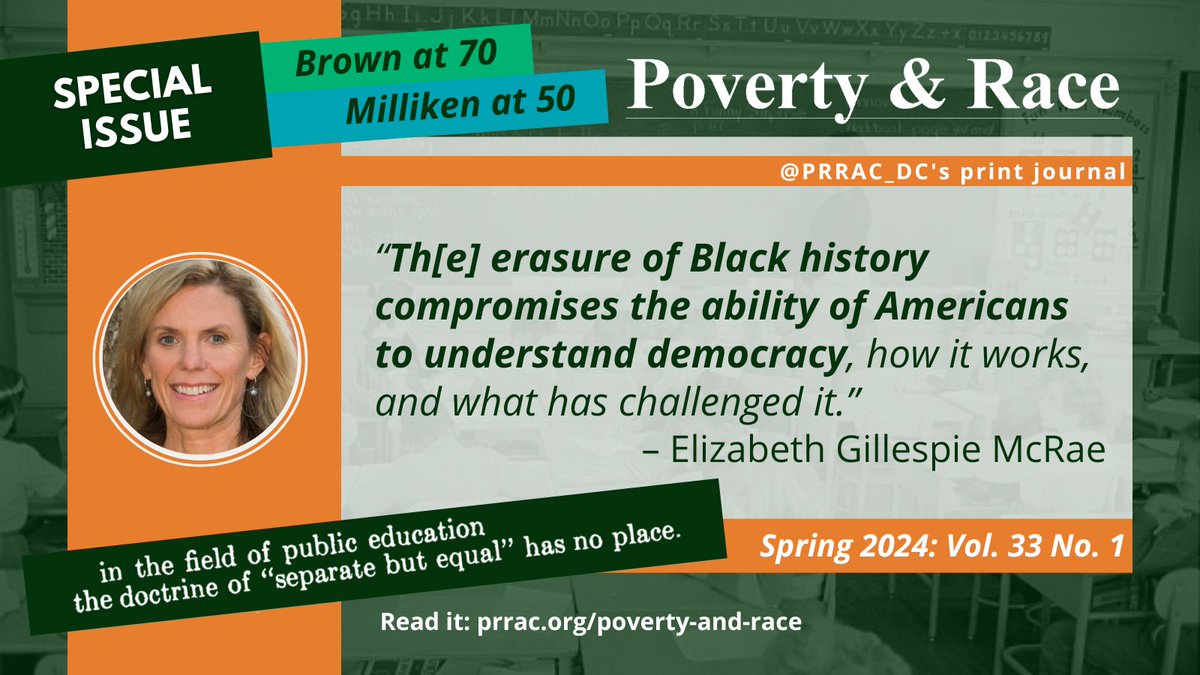 The erasure of Black history isn’t a matter of the past—it’s a threat to our understanding of democracy today. Explore the implications in Elizabeth Gillespie McRae’s (@WCU professor & author of Mothers of Massive Resistance), new #PovertyandRace article.
bit.ly/BrownAt70