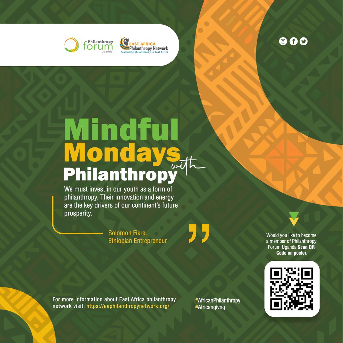 💭Mindful Mondays With Philanthropy💙   “We must invest in our youth as a form of philanthropy. Their innovation and energy are the key drivers of our continent’s future prosperity.”_ Solomon Fikre, Ethiopian Entrepreneur #AfricanPhilanthropy #africangivng