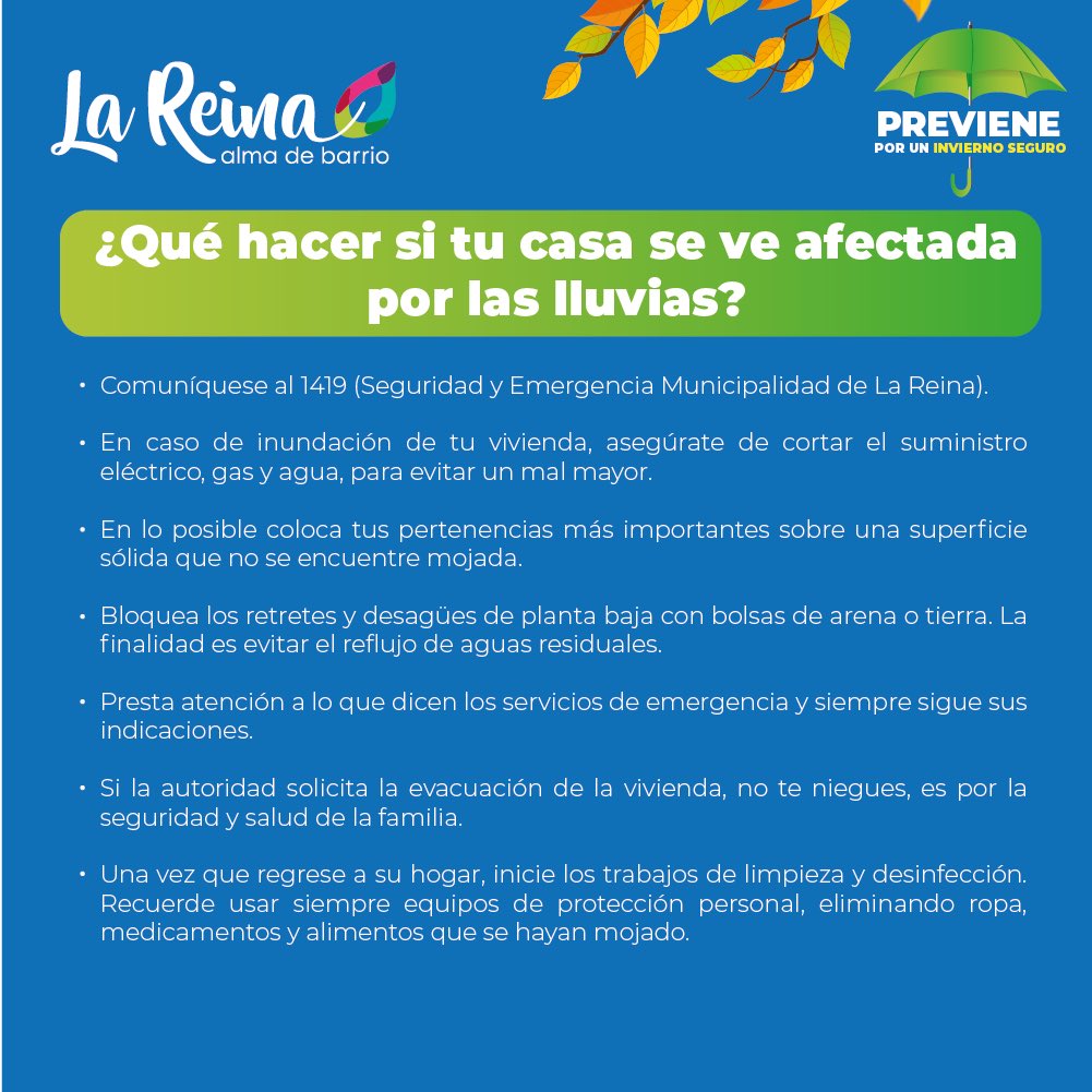 SE VIENE LA LLUVIA: PREVENIR ES CLAVE ☔️✅

Ante el pronóstico de precipitaciones durante las próximas horas, te invitamos a aplicar cada uno de estos consejos para apoyar labor de nuestros equipos en terreno.

ENTRE TODOS NOS CUIDAMOS 👍🏻