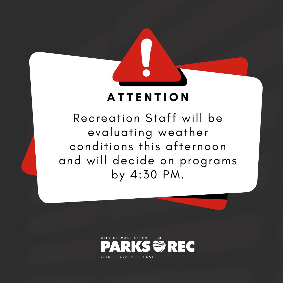 Recreation Staff will be evaluating weather conditions this afternoon and will decide on programs by 4:30 PM. We will notify coaches and post an update at that time.