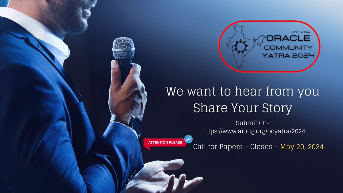 All India Oracle Users Group (AIOUG) (@aioug) on Twitter photo ๐๐๐ฅ๐ฅ๐ข๐ง๐ ๐๐ฅ๐ฅ ๐๐ซ๐๐๐ฅ๐ ๐๐ง๐ญ๐ก๐ฎ๐ฌ๐ข๐๐ฌ๐ญ๐ฌ ๐๐ง๐ ๐๐ฑ๐ฉ๐๐ซ๐ญ๐ฌ! Join us for an exhilarating journey through the world of Oracle at Oracle Community Yatra 2024! aioug.org/ocyatra/2024
Are you passionate about Oracle technologies and eager to share your knowledge ๐๐๐ฅ๐ฅ๐ข๐ง๐ ๐๐ฅ๐ฅ ๐๐ซ๐๐๐ฅ๐ ๐๐ง๐ญ๐ก๐ฎ๐ฌ๐ข๐๐ฌ๐ญ๐ฌ ๐๐ง๐ ๐๐ฑ๐ฉ๐๐ซ๐ญ๐ฌ! Join us for an exhilarating journey through the world of Oracle at Oracle Community Yatra 2024! aioug.org/ocyatra/2024
Are you passionate about Oracle technologies and eager to share your knowledge