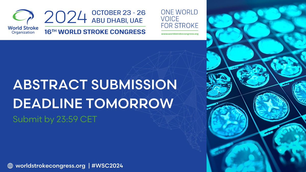 Tomorrow is the final day to submit your abstract for #WSC2024! ➡️ Don't miss this opportunity to share your findings, insights, and innovations in stroke care with experts from around the world. 🔗 Be part of shaping the future of our field: bit.ly/3Wselco