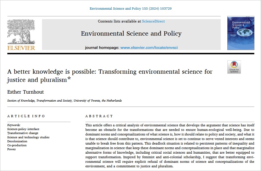 “We are in trouble” says E Turnhout due to environmental & social problems. Dominant #EnvironmentalScience has become an “obstacle” to transformative solutions. Better knowledge is possible, she argues, when social & #EnvironmentalJustice are centre stage doi.org/10.1016/j.envs…