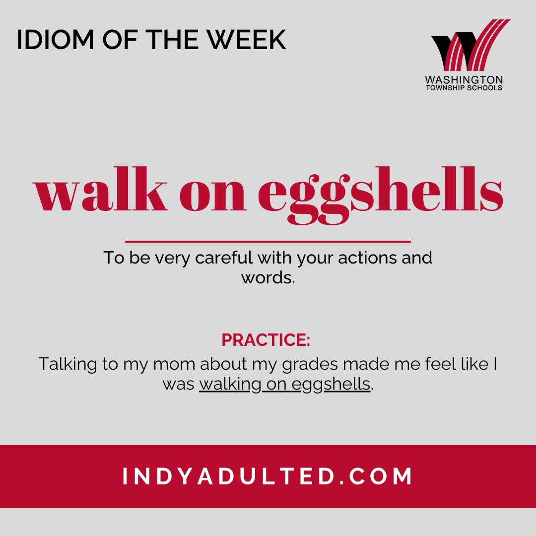 Our idiom of the week is WALK ON EGGSHELLS.
When he's tired we spend the day WALKING ON EGGSHELLS as he becomes stubborn and grumpy.
#idiomoftheweek #indyadulted #learnwithus #moveaheadwithadulted