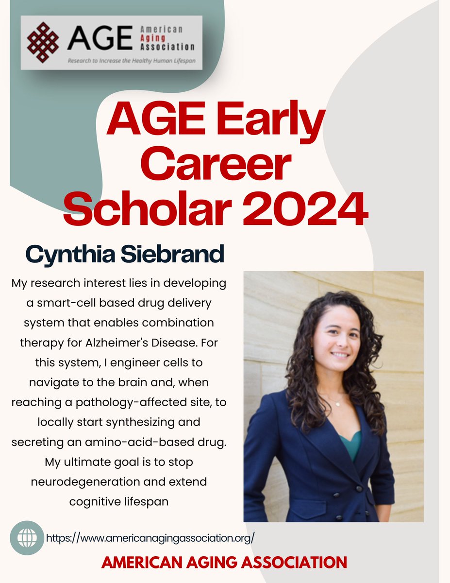 Congratulations to Cynthia Siebrand, one of our 2024 Early Career Scholars! Cynthia is a PhD student in the lab of @JKAndersenBuck @BuckInstitute @USCLeonardDavis, working to develop combinatorial therapies for #Alzheimers. #AGEScholars #AGETC #AGE2024 #WomeninSTEM
