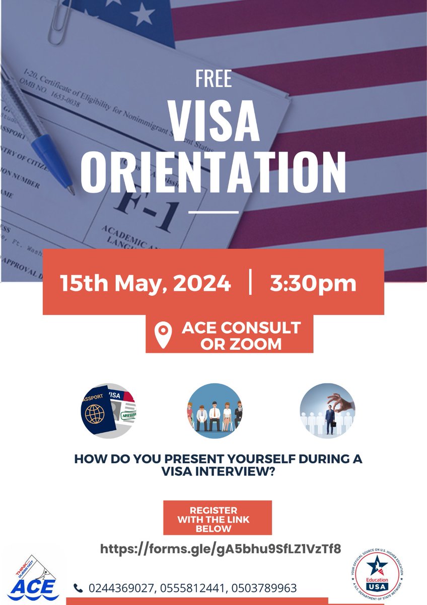 Please register and join us for a free visa orientation session on Wednesday, May 15 2024. You won't want to miss this!

Register here: forms.gle/f7paxDstbf6nte…

#aceconsult #educationusakumasi #americancornerkumasi #studyabroad #studyinusa #StudyWithUS