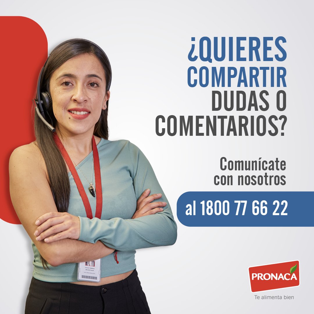 ¡Tu voz es importante para nosotros! 🗣️ En Pronaca, estamos listos para recibir tus dudas y comentarios. Llama ahora al 1800 PRONACA (77 66 22) y deja que nuestro equipo te guíe en todo momento. 📞 ¡Estamos aquí para escucharte! #AlimentarBien #Pronaca #PronacaEcuador