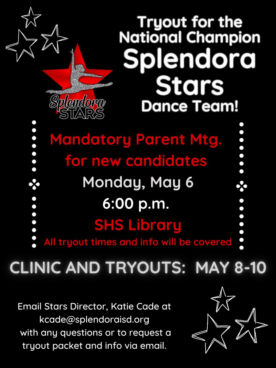 Remember, the Mandatory Parent Meeting for new candidates is tonight at 6pm! The tryout clinic for Stars is May 8-10 from 3:30-5:30, and tryouts will be held on Friday, May 10th. We can't wait to see you at tryouts for the Stars Dance Team!