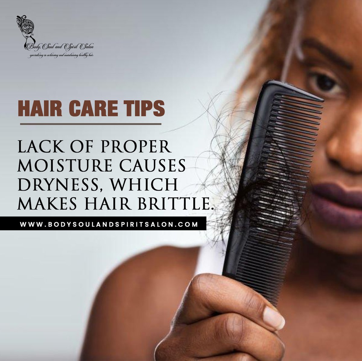 Hair Care Tips: 

Lack of proper moisture causes dryness, which makes hair brittle. 

#HairCareTips #BodySoulSpirit #DidYouKnow #HairGoals #HairCare #HealthyHair