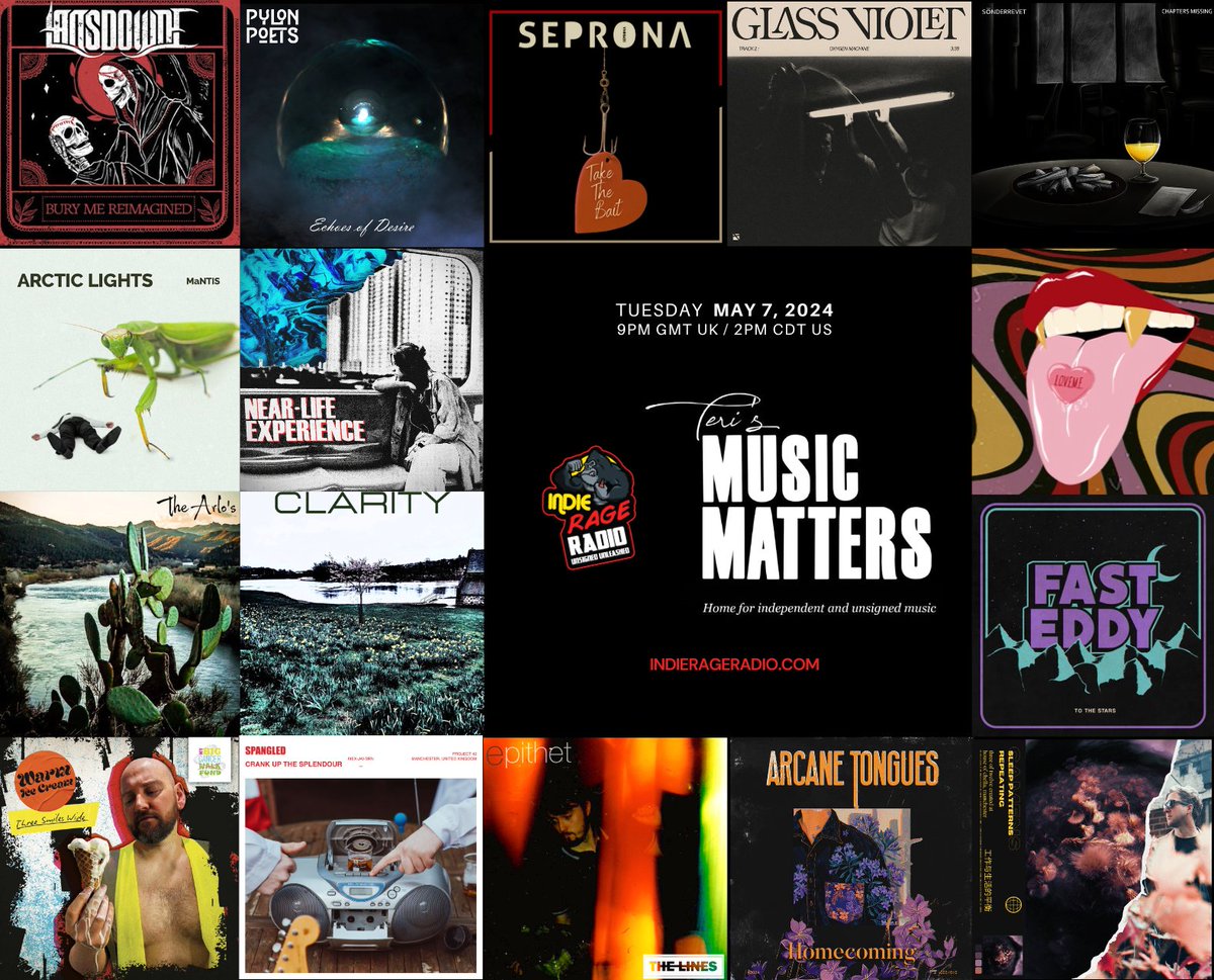 Tuesday 9pmUK 22hFR 3pmCST
@IndieRageRadio #MusicMatters 
🔊indierageradio.com 
Listen to the fantastic new music from- @Lansdownemusic @PylonPoets @SepronaMusic @GlassViolet_ @sonderrevet @ArcticLightsC @FloodHounds @sarajevo84band +more
Info: facebook.com/MusicMattersWi…