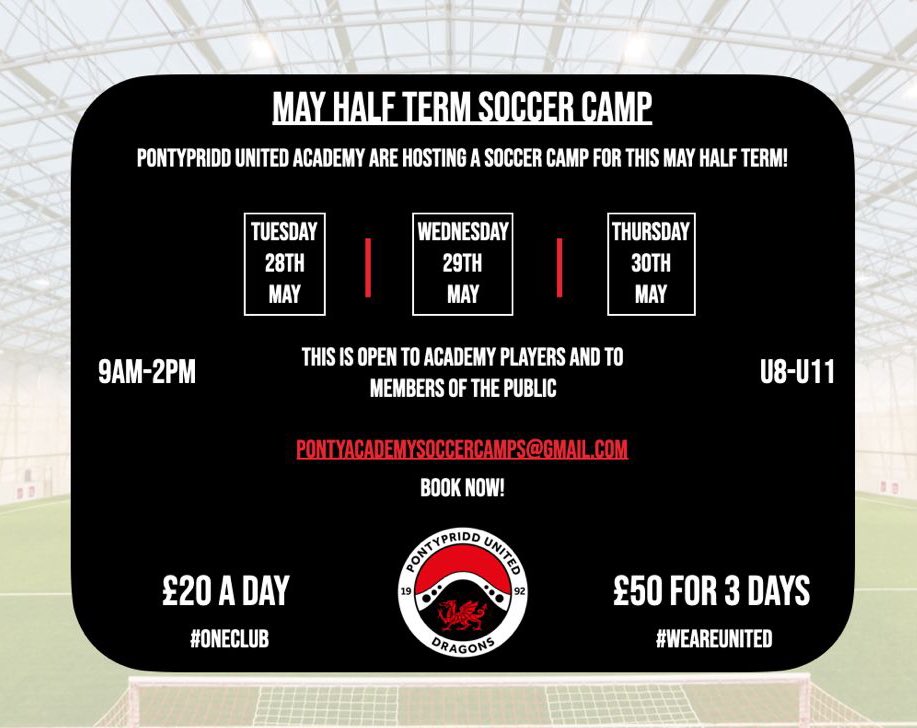 ⚽️ 𝙈𝘼𝙔 𝙃𝘼𝙇𝙁 𝙏𝙀𝙍𝙈 After a very very successful Easter camp we are delighted to announce our May half term camp. A reminder this is 𝗢𝗣𝗘𝗡 𝗧𝗢 𝗔𝗟𝗟! Contact us for more details! #OneClub #WeAreUnited